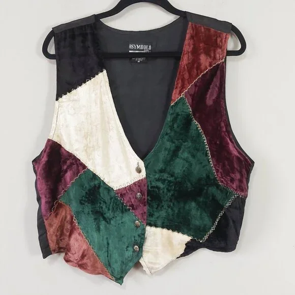 Symbol 2000 Women Patchwork Velvet Vest Medium Sleeveless Preppy Retro Vneck - Picture 6 of 6